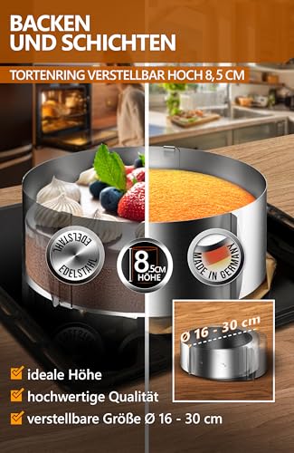 Foto von 4smile Torten-Zubehör-Set 5 Teile - Tortenring verstellbar hoch 8,5 cm + Tortenschneider + Tortenheber + Tortenplatte drehbar + Streichpalette - Praktisches Backzubehör-Set