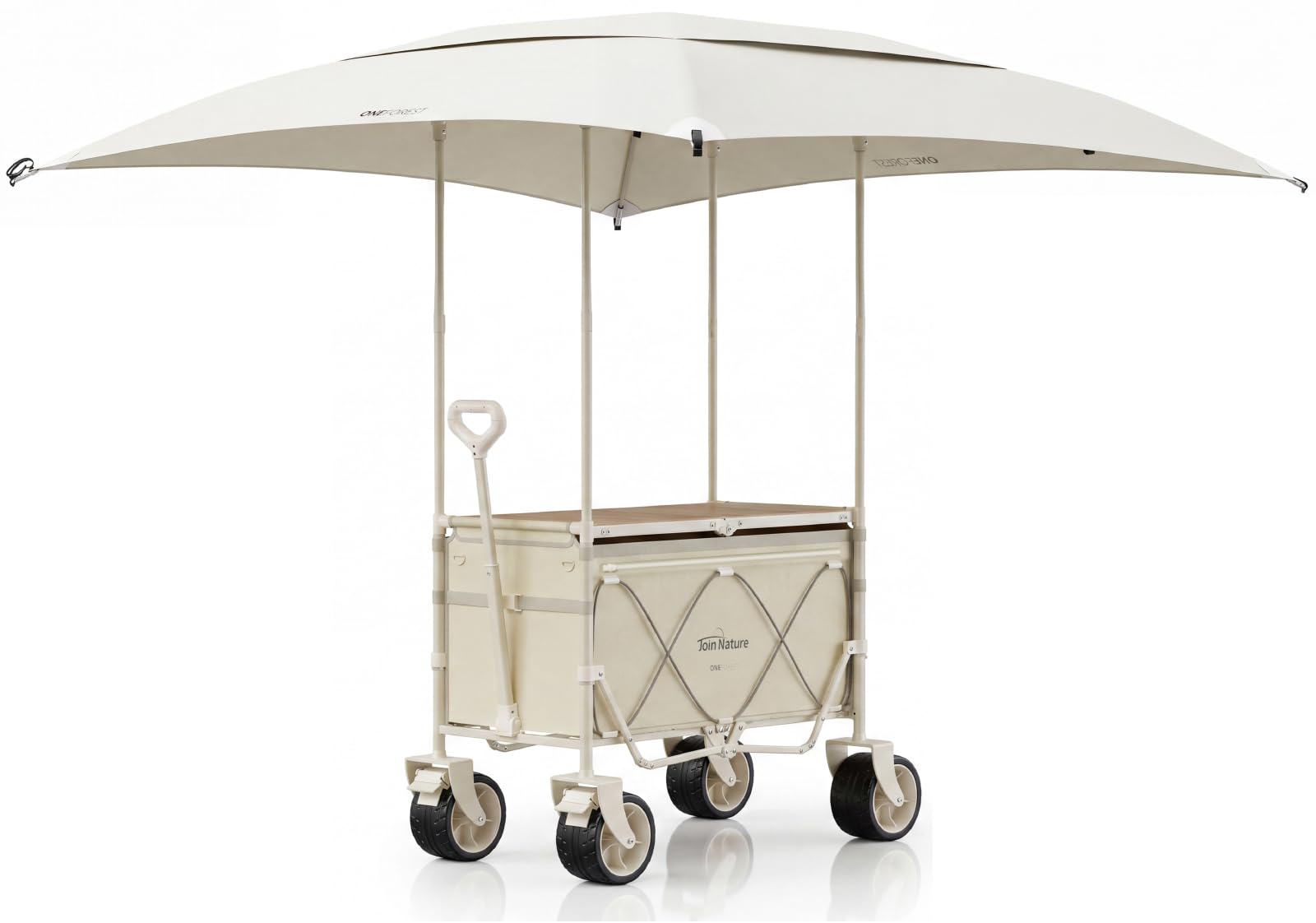 Join Nature 3-in-1 Bollerwagen Faltbar mit Camping-Tischplatte & Sonnendach, Faltbarer Bollerwagen 160L, Breite Reifen Strandwagen Klappbar für Alle Gelände Camping, Hunde, Strand, Transport