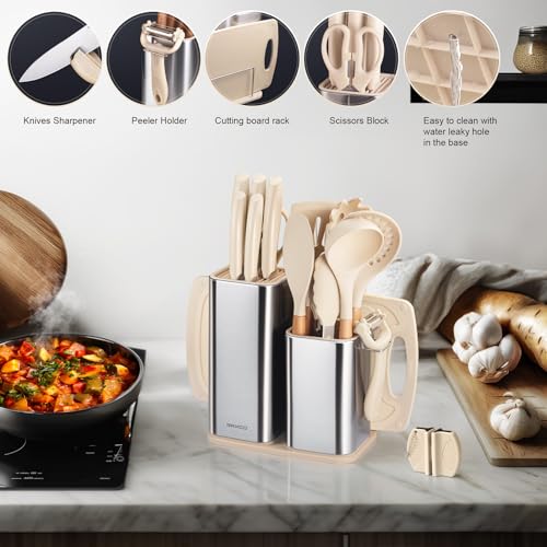 Image of RAXCO Kitchen Set,18-Piece Silicone Cooking Utensils and Stainless Steel Chef's Knives,Khaki (Khiki)
