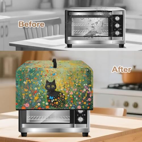 Image of Microwave Oven Dust Cover Decorative Air Fryer Toaster Oven Cover Countertop Microwave Protector for Indoor Kitchen Decor, L, Black Cat Floral Green