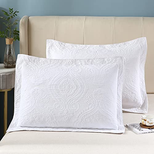 Winlife Quilted Embroidered Standard Pillow Shams White 100% Cotton Floral Decorative Pillow Sham Set Of 2 (20''X 26'', Damask, White) #TOP15