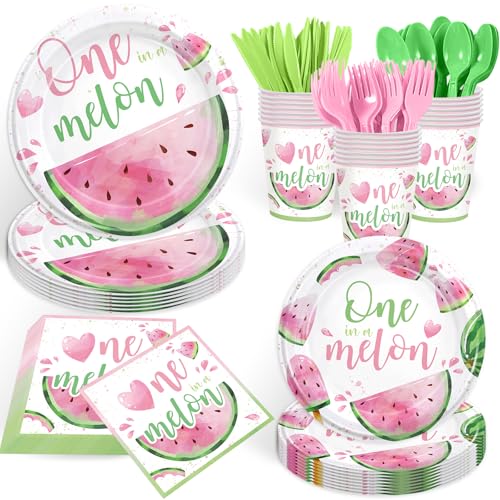 168PCS Watermelon Party Supplies for first Birthday One In A Melon Party Decorations Watercolor Summer Fruit Themed Paper Plates Cups Napkins Tableware Set Serves 24 Guests