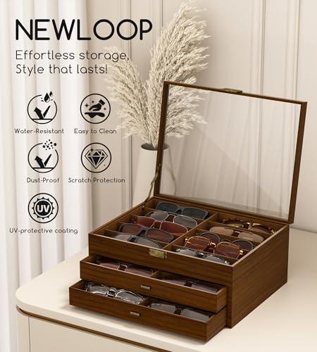 Image of NEWLOOP 10 /20 /30 Wooden Pattern Sunglass Organizer Multiple Pairs of Eyeglass Ultra-thin Frame Storage Box for Women Men