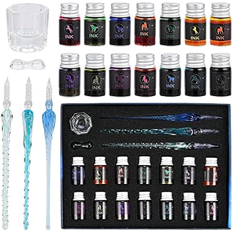 GOLDGE 19 Pieces Glass Dip Pen Ink Set, 3 Crystal Pen with 14 Colorful Inks and Holder, Glass Dip Pens for Art, Writing, Signatures, Calligraphy, Gift Cards, Poster Cards, Decoration Cover
