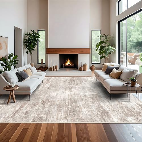 Washable Abstract Area Rug 12x15 - Large Soft Rugs for Living Room Non Slip Rubber Backing Indoor Carpet for Bedroom Living Room Farmhouse Distressed Stain Resistant Floor Decor Mat 12x15 Brown