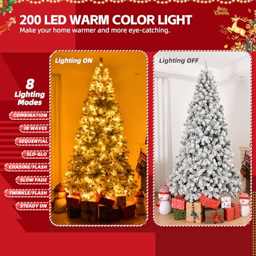 Outopee 8ft Snow Flocked Artificial Christmas Tree with 200LED Lights, Remote Control, 8 Lighting Modes, 1200 Branch Tips PVC Xmas Tree Indoor Christmas Holiday Decoration for Home, Office, Shop - Image 2