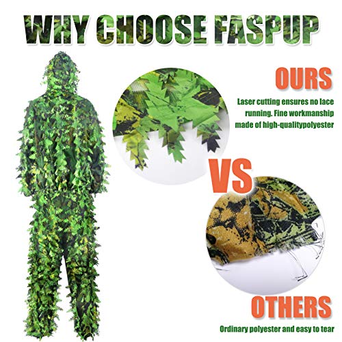 3D Leaf Ghillie Suit Ghillie Jackets and Pants Camouflage Clothing Hooded Hunting Suits for Children Youth Adult Airsoft Paintball Shooting Airsoft Wildlife Photography Halloween (Medium, Green)