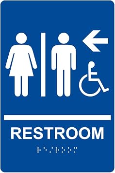 Wheelchair Accessible Restroom Left Sign, ADA-Compliant Braille and Raised Letters, 9x6 in. Blue Acrylic with Mounting Strips