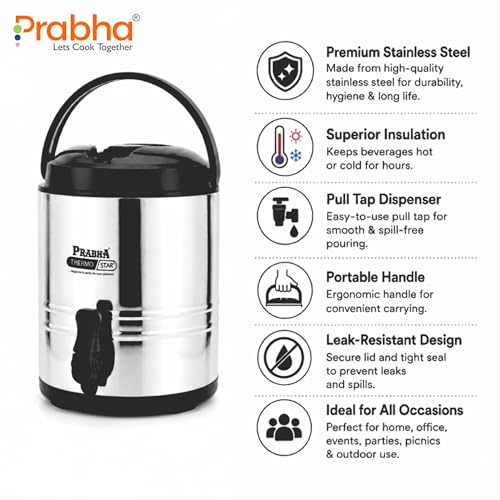 Image of Prabha Splash Travel Jug Thermo Star Premium Stainless Steel Insulated Water Jug with Pull-Tap Dispenser | Double-Walled Hot & Cold Beverage Camplite with Portable Carrying Handle (20 Liter)
