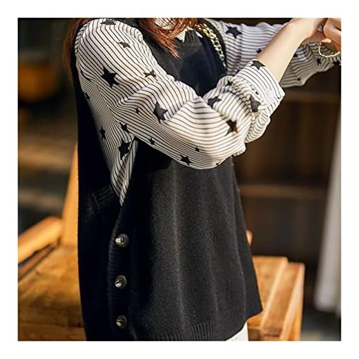 Kvinnors tröja Vinter och höst ull Vest ärmlös V-Neck stickad väst lång pullover väst (Color : Svart, Size : XL)