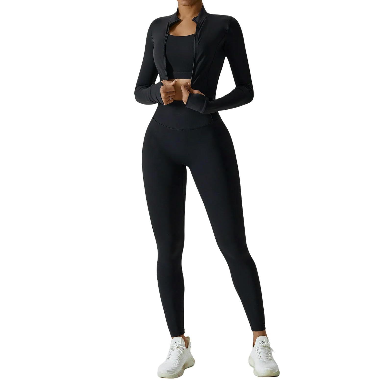PLGMAUYT shapewear 3pcs Yoga Set Women Workout Sets Sportswear Fitness Zipper Long Sleeve High Waist Leggings Sports Suits-advanced Black_A-L - L - Advanced Black_a