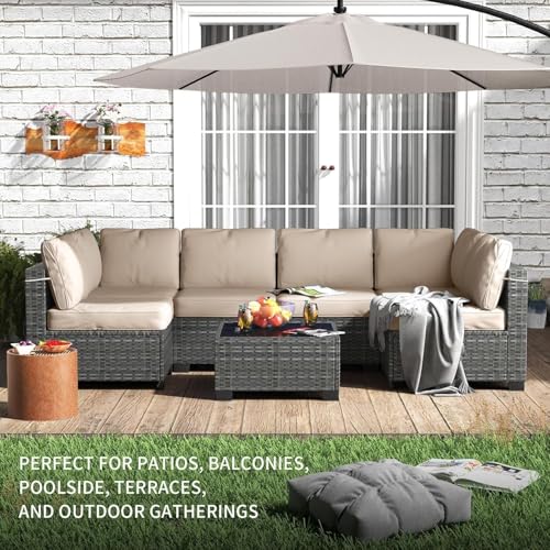 6 Piece Outdoor Patio Furniture Set with Coffee Table, Rattan Deck Conversation Sofa Set, All-Weather Sectional Rattan Sofa with Glass Top Coffee Table, Poolside, Garden, Porch, Grey + Beige - Image 6