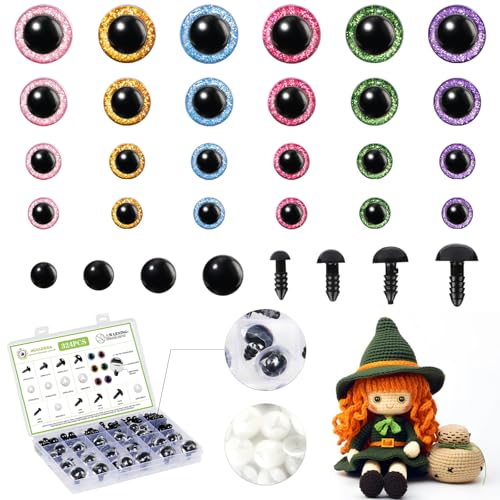 MUCUNNIA 324 Stück Sicherheitsaugen für Amigurumi, 6–24 mm, große Glitzer-Sicherheitsaugen für Häkeltiere, Kunststoff, Bastelpuppenaugen, Stofftieraugen für DIY-Bär, Puppenhäkelspielzeug