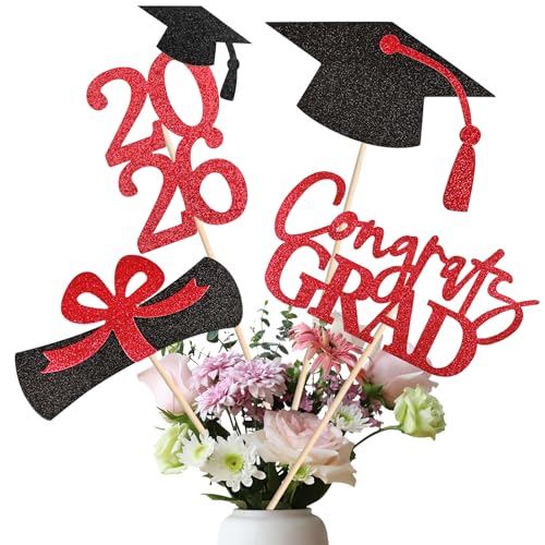 Image of 20 PCS Graduation Decorations Class of 2026, Black and Red Double-Sided Centerpieces, Grad Cap Sticks, Table Toppers, Graduation Party Decorations