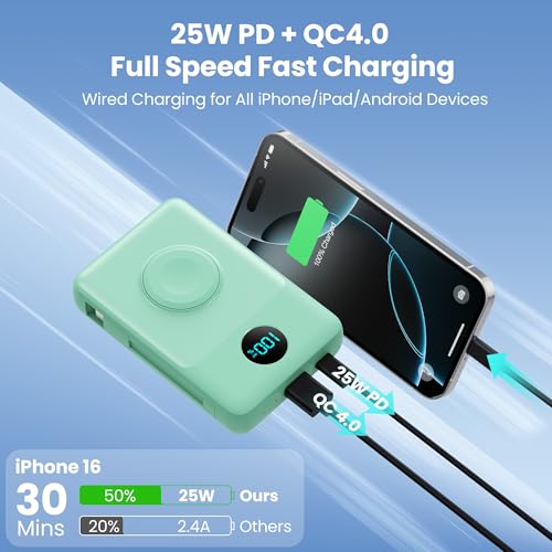 Image of 6 in 1 Magnetic Portable Charger for iPhone with Built-in Cables, 10800mAh 25W PD Fast Charging Power Bank, 6 Outputs LCD Display Travel Essential Battery Pack for iPhone 17 /16 /15 /14 /13 /12 (Green)