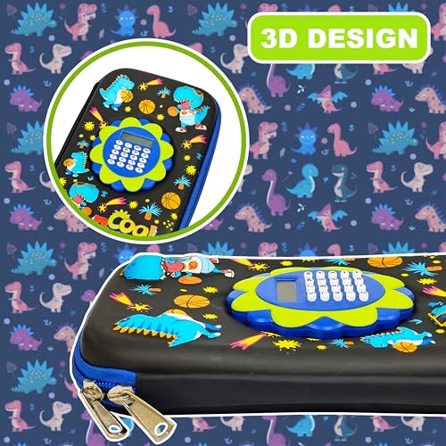 Image of VGRASSP Dinosaur Theme Stationery Pencil Case for Kids with Mini Calculator - 3D EVA Zipper Pouch with Multi Storage Compartments - Fun School Stationery Organizer - Multicolor