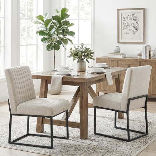 VKNOW Upholstered Dining Chairs, Modern Dining Room Chairs with Stripe, Linen Kitchen Chair Dinner Chair with Black Metal Base for Kitchen Office, Beige