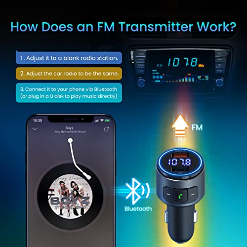 Octeso Upgraded V5.0 Fm Bluetooth Transmitter Car, Qc3.0 & Led Backlit Wireless Bluetooth Fm Radio Adapter Music Player/Car Kit With Hands-Free Calls, Siri Google Assistant #TOP7
