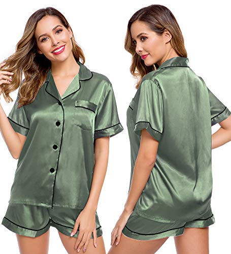 Image of LecGee Womens Silk Satin Pajamas Short Sleeve Loungewear Two-Piece Sleepwear Button-Down Pj Set