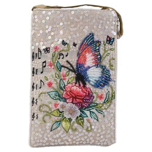 BTC Beaded Crossbody Phone Bag, Natural Symphony Collection, Butterfly Floral Musical Notes Designs, Sequin Embellishments