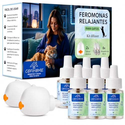 COFIHOME - Megapack - Difusor de Feromonas Calmantes para Gatos - Feromonas para Gatos - Pack Familiar - 2 Difusor + 6 recambios 48ml - Solución a Estrés Felino - Gatos