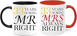 33rd Wedding Anniversary for Couples, 33 Year Anniversary Coffee Mugs Set of 2 - Mr Right & Mrs Always Right Ceramic Mug Gift Set 11oz (33rd)
