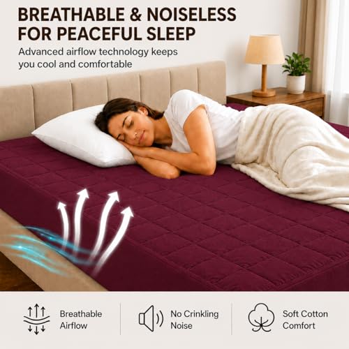 Image of RESTIFY 100% Waterproof Quilted Queen Size Mattress Protector 72x60 Inch 6x5 Ft Fits Upto 10 Inch Mattress | Premium Cotton Breathable Bed Protector | Mattress Cover for Double Bed |Wine