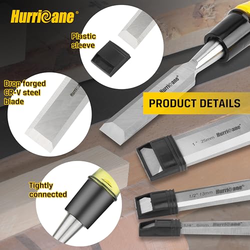 HURRICANE 4 Piece Wood Chisel Set for Woodworking, CR-V Steel Beveled Edge Blade, Durable PVC High Impact Handle Wood Chisel - Image 3