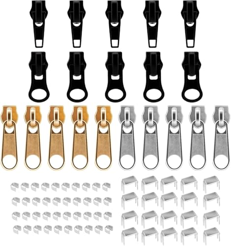 Kit de reparo de zíper de 80 peças: puxadores de zíper reverso de nylon nº 5, controles deslizantes de metal para nylon, zíperes de metal e plástico, paradas superiores e inferiores (preto, bronze