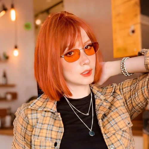 Sarensall Ginger Bob Wig with Bangs for Women Short Orange Wigs Natural Fashion Synthetic Wig for Daily Halloween Cosplay Colorful Costume Wig Use 12 Inch — view 3