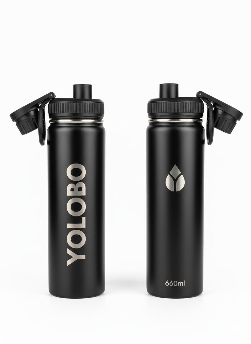 YOLOBO 660ml Stainless Steel Water Bottle | Insulated Sports Bottle, Large Water Bottle | BPA Free Leakproof Gym Bottle | Cold & Hot Drink | Reusable Metal Bottle - ~ Black — image 1