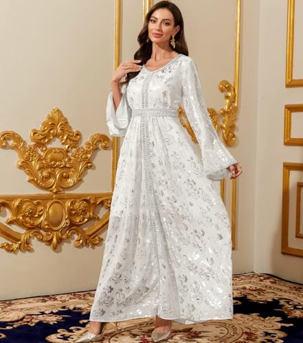 Image of Middle Eastern Modest Maxi Dress - Muslim Moroccan Kaftan Abaya for Women Gold Embroidered Eid Dress Islamic Traditional Wear