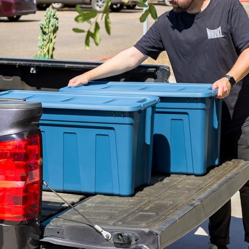Image of IRIS USA 31 Gallon Eco-Friendly Heavy Duty Storage Totes with Easy-Grip Handles, 4 Pack - Large Bins with Lids Garage Organizing Tubs, Durable Stackable Utility Containers, Made in USA - Navy