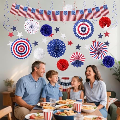 Image of 26PCS 4th of July Decorations Patriotic Decor USA Flag String Red White and Blue Paper Fans Star Streamer Pom Poms Hanging Swirls for Memorial Day Veterans Day Independence Day