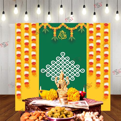 Image of S2S Fabric Backdrop Cloth for Pooja Decoration Traditional, Background Decoration Cloth for Pooja Background Curtain Cloth for Festival Fabric 5 Feet Height & 5 Feet Widthl MUGGU Ganesh