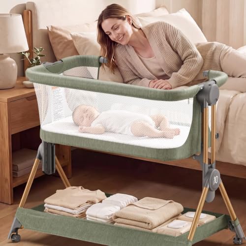 Image of ANGELBLISS Baby Bassinet, 3-in-1 Bedside Sleeper, One-Click Foldable Crib (Green)