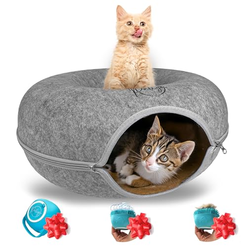 Peekaboo Cat Cave, Cat Tunnel Bed, Premium Cave Donut Tunnel Bed Set with Pet Brushes Bath Massage, Donut Design - Ideal Houses for Indoor by PALIGU & CO (Grey, Medium)