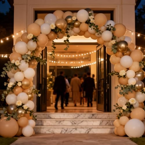 Image of 60 pcs White and Gold Balloons, 12 Inch White Sand Gold Metallic Latex Balloons, Beige party supplies for Boho Birthday Baby Shower Engagement Wedding Anniversary Party Decorations