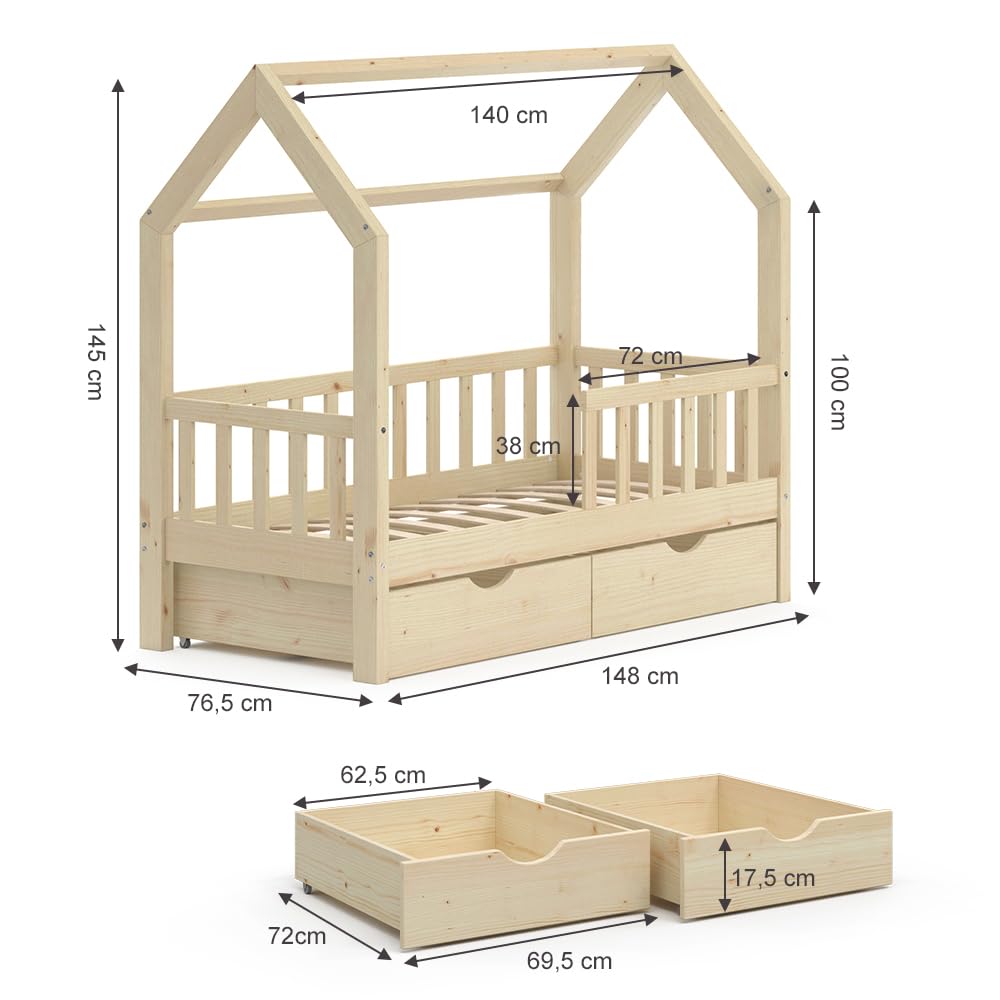 Vicco Vitalispa Letto montessori bambini Wiki 70x140 cm Legno naturale con cassetti e materasso
