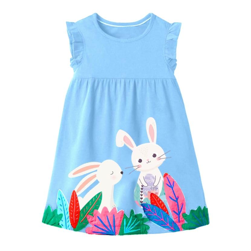 VIKITA Girls Summer Casual Dresses Short Sleeve Blue Easter Clothes Outfits Birthday Gifts for 2-12 Years