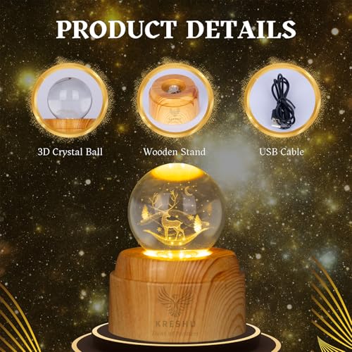 Image of KRESHU Deer 3D Crystal Rotating Glass Ball Dimmable Warm LED Light Wooden Stand Luminous USB Cable Decoration Night Lights for Art Home Decoration Birthday Gift (Pack of 1)