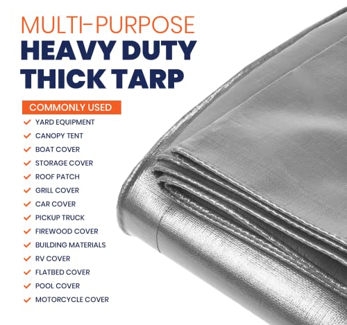 Image of Extra Heavy Duty 14 Mil Tarp Cover, Waterproof, UV Resistant, Rip and Tear Proof, Poly Tarpaulin with Reinforced Edges for Roof, Camping, Patio, Pool, Boat (Silver /Black 24′ X 24′)
