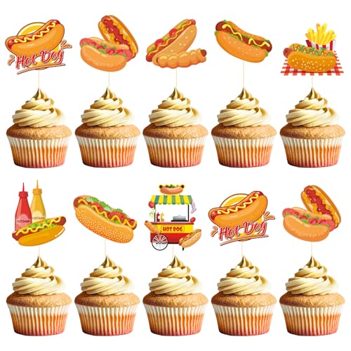 Deorfuy Hot Dog Birthday Cupcake Toppers, 40PCS
