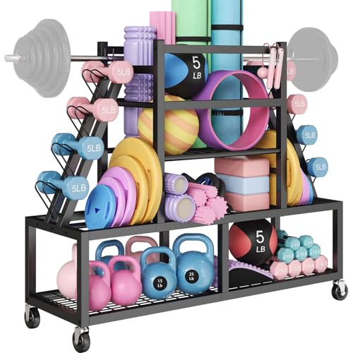 HavenlyYouth Dumbbell Rack Weight Rack Storage-Large Dumbbells Rack Home Gym Storage,Multilevel Workout Storage Organizer with Wheels and Barbell Holder,Perfect for Yoga Mat Balls Kettlebells and Fitness Gear,black