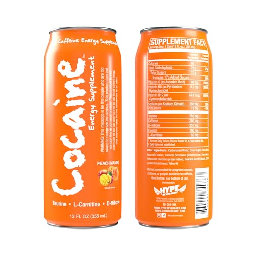 Cocaine Energy Supplement Pre Workout Energy Drinks, Healthy Energy Drinks with Vitamin C, B6, B12, L-Carnitine, 750mg Taurine, 280mg Caffeine, Peach Mango, 12Oz Can, Pack of 12