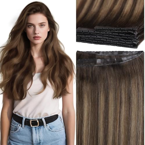 Lacer Double Butterfly Weft Invisible Pu OVO Human Hair Extensions 16in Seamless Micro Beadshair Extensions Glueless Chestnut Brown Mixed Dark Brown With Dark Brown Roots 100G Tape Width 31.5