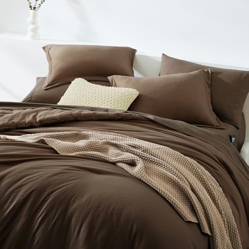 Image of Queen Comforter Set-7 Pieces Soft Prewashed Bed in a Bag Queen Bedding Sets | All Season Comforter with Sheets, Pillow Shams & Pillowcases,Chocolate Brown