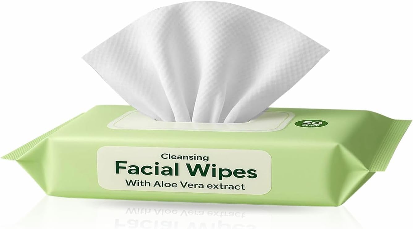 Make Up Remover Wipes Facial Cleansing Skin Surface Wipes Pads Eye Make Up Remover Face Wipes Wet with Aloe Vera Extract Sensitive Skin 18x12.5cm(50pcs)