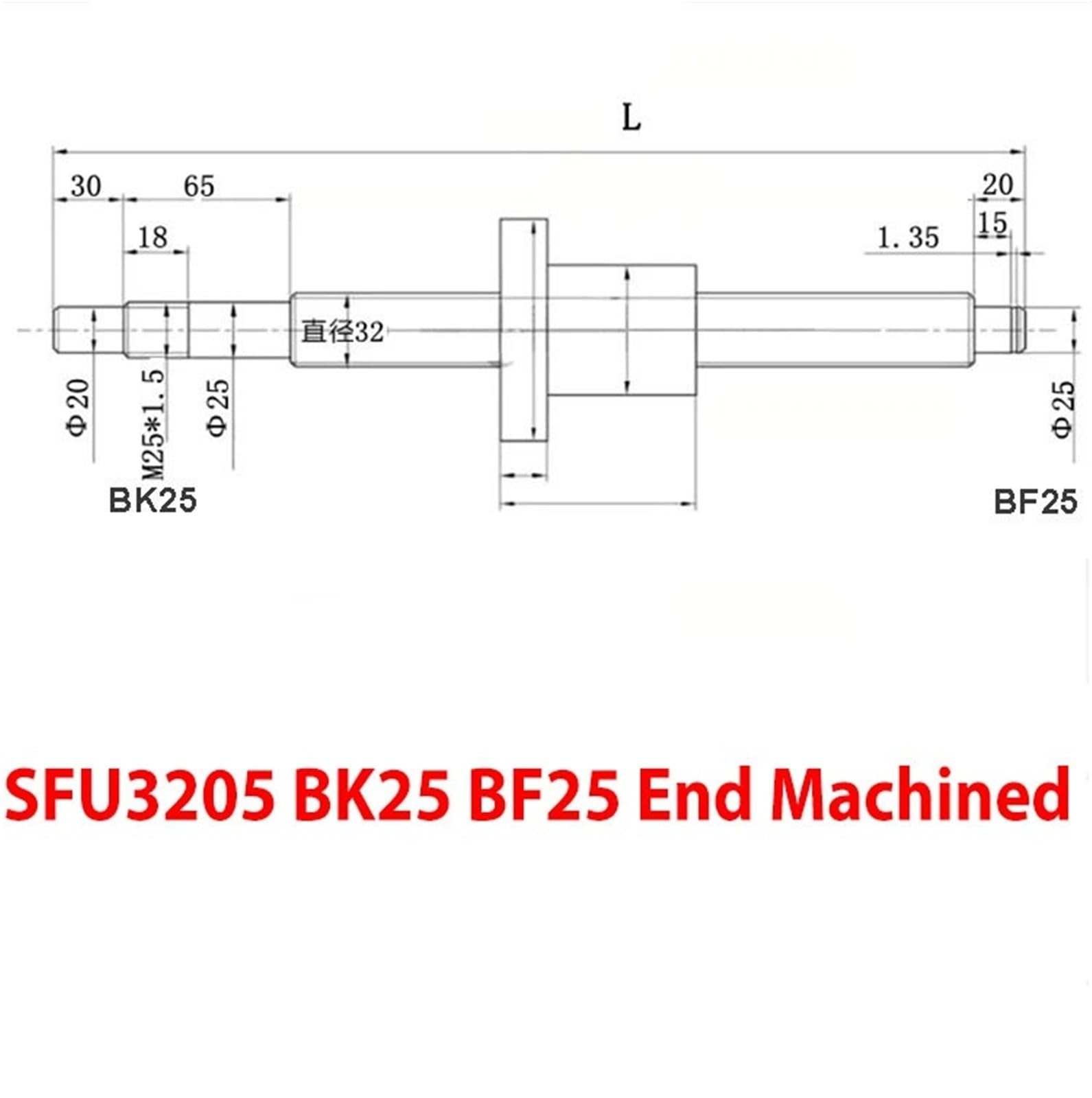 Zestaw śrub kulowych, SFU3205 Walcowana śruba kulowa prawa C7 BK25 BF25 Obrobiona końcówką RM3205 Nakrętka 400-1200 mm(1000mm)