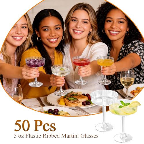 Image of 50 Pcs 5 oz Plastic Ribbed Martini Glasses, Disposable Vintage Plastic Coupe Glasses for Cocktails, Desserts Parfaits, Clear Party Glassware for Weddings Events